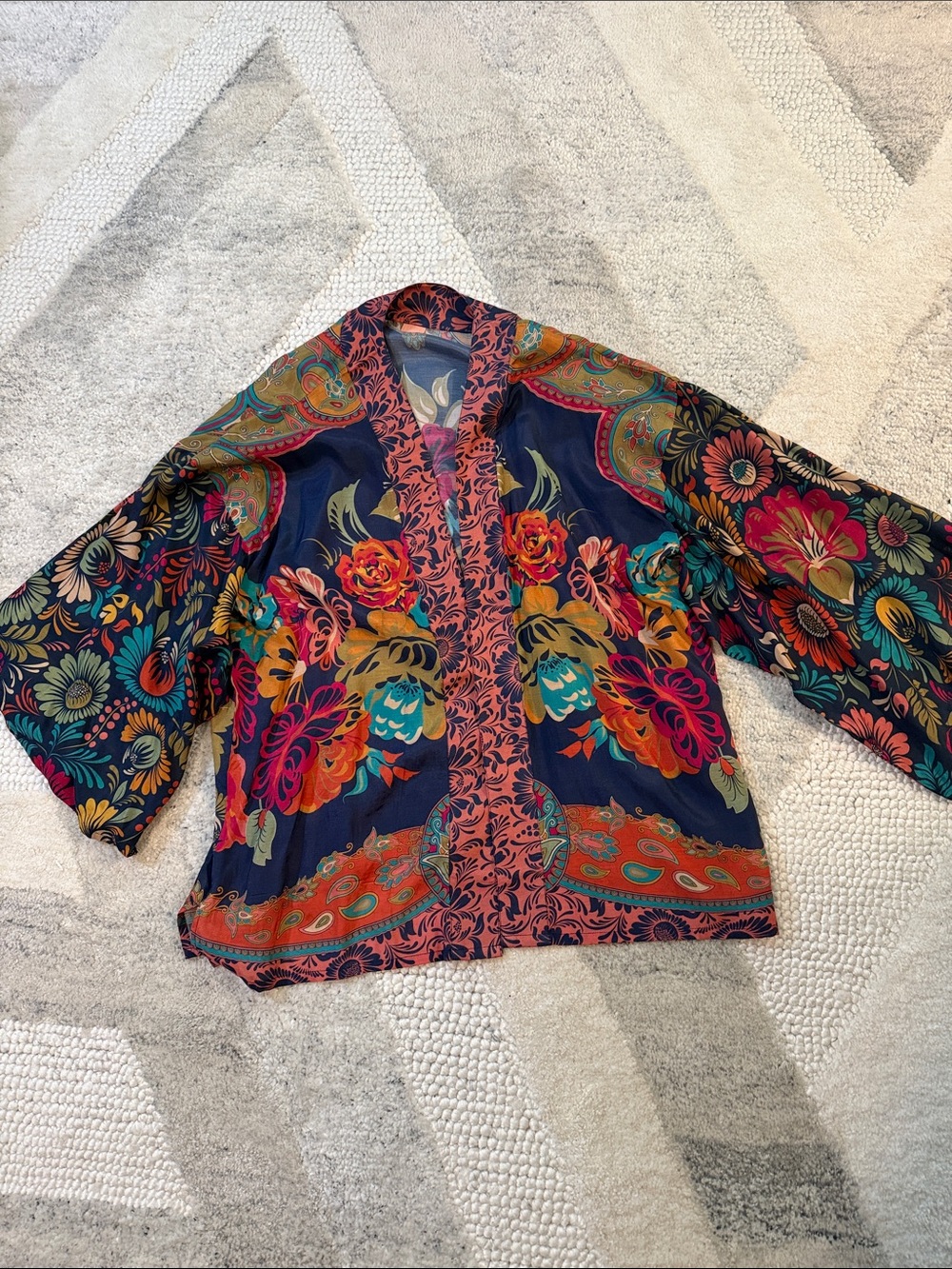 Floral Navy Open-Front Kimono Blazer - Multicolor